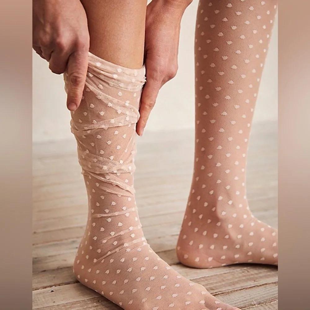 CouCou Lola Swiss Dot Sheer Long Socks Neutral Ivory New